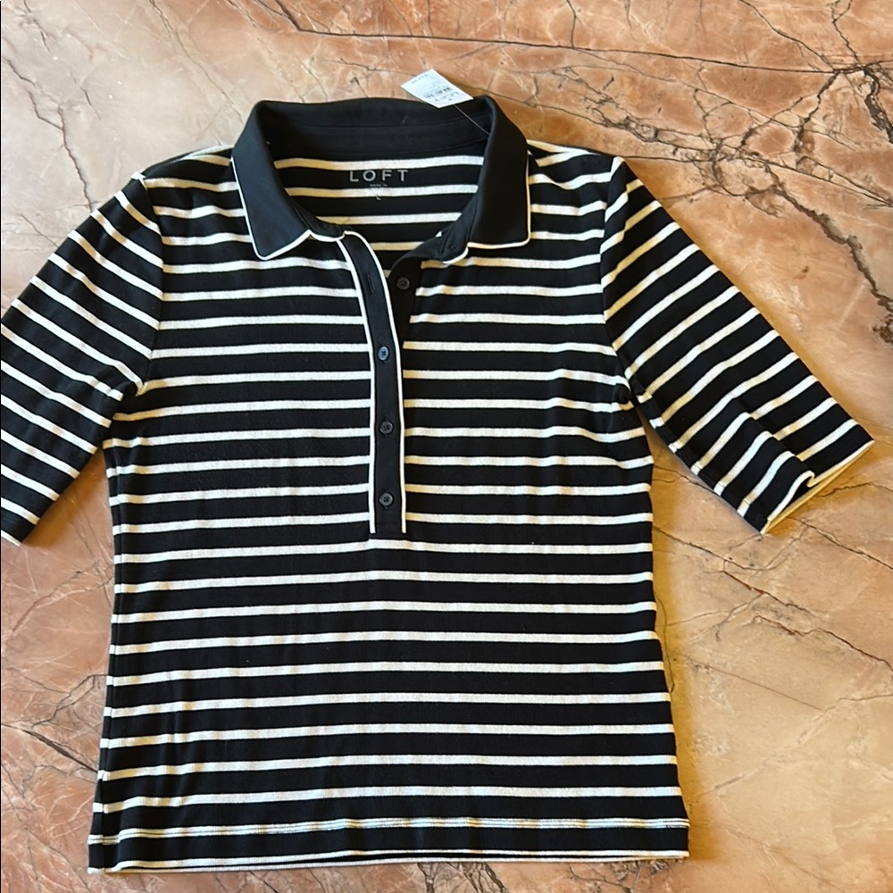 LOFT Black and White Striped Polo Shirt